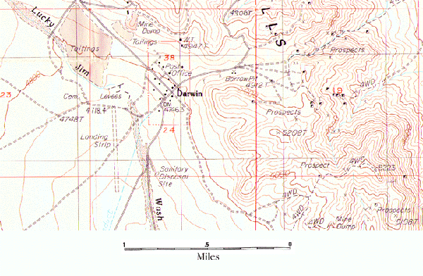 Topo map of downtown Darwin, California.