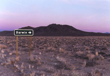 SR 190 sign points to Darwin, a small town about halfway between the highest (Mt. Whitney) and lowest (Badwater) places in the continental United States.